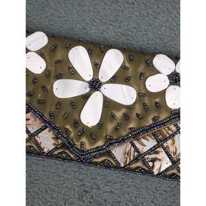 Mad by Design Silk Clutch Purse Mother of Pearl Beads Natural Horn Handmade‎